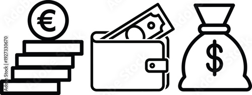 Financial icons including euro coin wallet with cash and dollar money bag