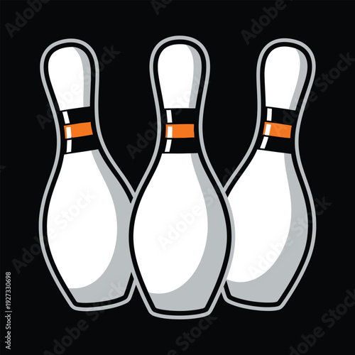 Three white bowling pins with orange and black stripes