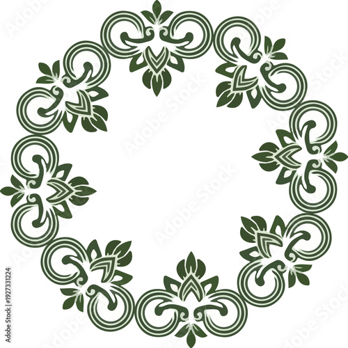 Luxury Ornate Radial Frame with Forest Green Botanical Filigree and Symmetrical Swirling Scrollwork on White Background