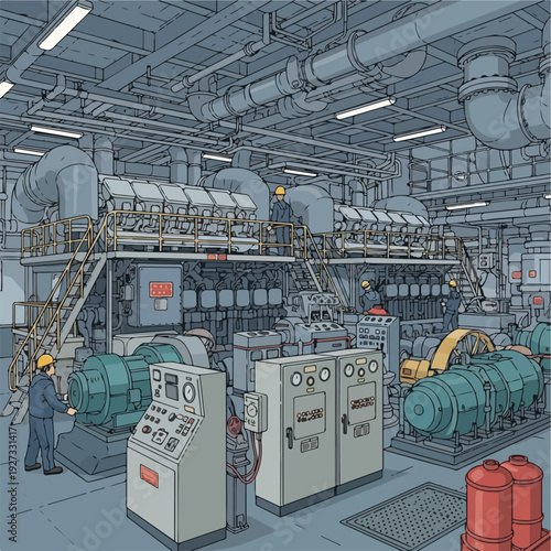 Industrial engine room with worker and large machinery equipment
