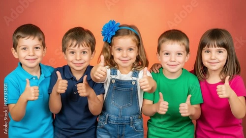 Group of happy children giving thumbs up to camera on orange background approximately 160 characters