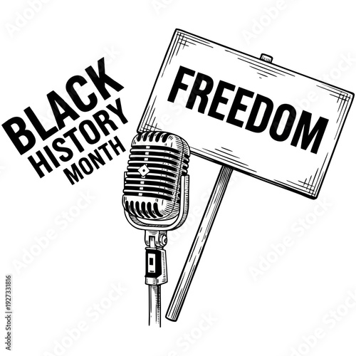 Black History Month freedom sign and vintage microphone illustration