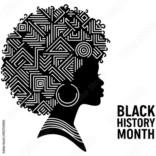 African American woman with afro and geometric patterns celebrating Black History Month