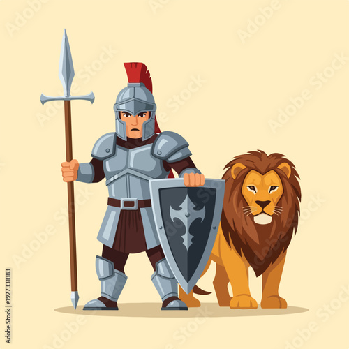 Medieval knight in armor standing with lion and weaponry