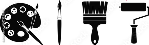  Minimalist Black Painting Tools Icons Vector Set with Palette Brushes Roller and Fine Brush for Art Craft DIY Painting