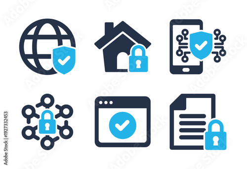 Global Cybersecurity and Networking icon set. Solid glyph series icons