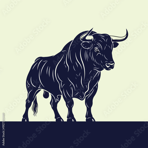 A black bull standing on a surface against a pale background