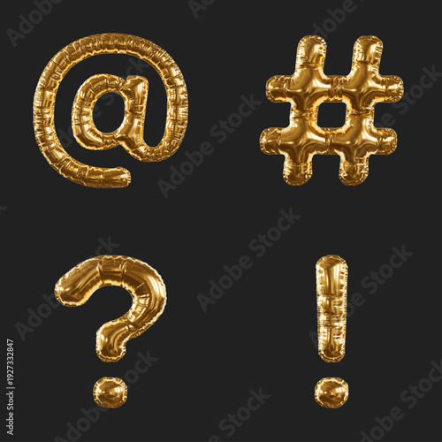 Set of Gold Foil Balloon At Sign, Hash Sign, Question Mark and Exclamation Point On Black Background For Celebration, Party, And Luxury Decor