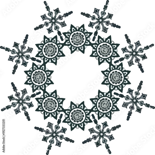 Luxury Ornate Radial Frame with Dark Teal Geometric Mandalas and Symmetrical Filigree Cross Design on White Background