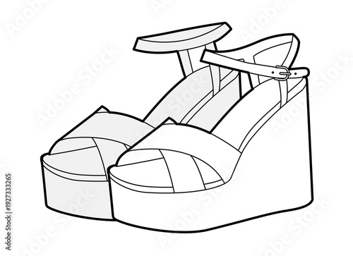 Platform wedge sandal women sketch pair. Cross strap ankle buckle summer footwear casual dress outfit. Technical fashion illustration, CAD mockup, detailed vector men unisex isolated chic style.