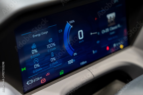 Close up of electric vehicle digital dashboard display