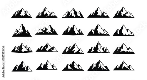 Collection of diverse black and white stylized mountain range silhouettes perfect for rugged outdoor adventure logos icons badges and graphic design elements