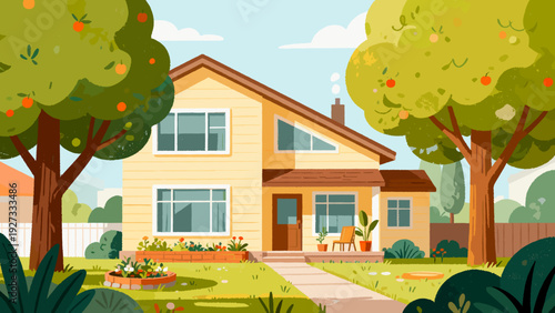 Cozy family house with garden surrounded by green trees and plants  