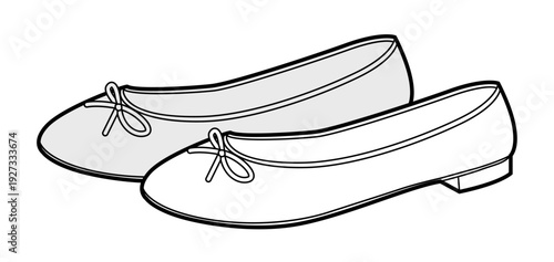 Ballet flat shoe women sketch pair. Bow detail classic round toe footwear for everyday walk feminine outfit. Technical fashion illustration CAD mockup detailed vector man unisex isolated style 