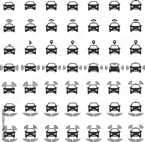 Smart car icons set with autonomous driving technology, GPS navigation, and vehicle sensor symbols. Self-driving car vector illustration for automotive software and transportation apps