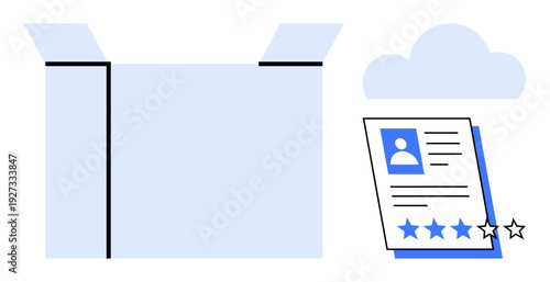 Open cardboard box next to a profile document featuring a photo, star ratings, and a blue highlighted edge. Ideal for feedback evaluation, recruitment, cloud storage, logistics, user profiling