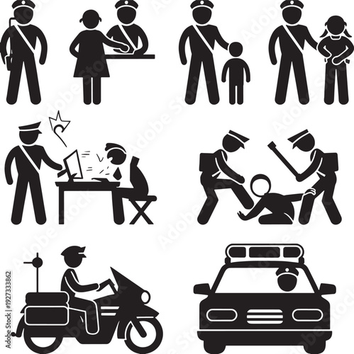 Police Force and Law Enforcement Stick Figure Icons: Police Car, Patrol, Arrest, and Investigation Scenes