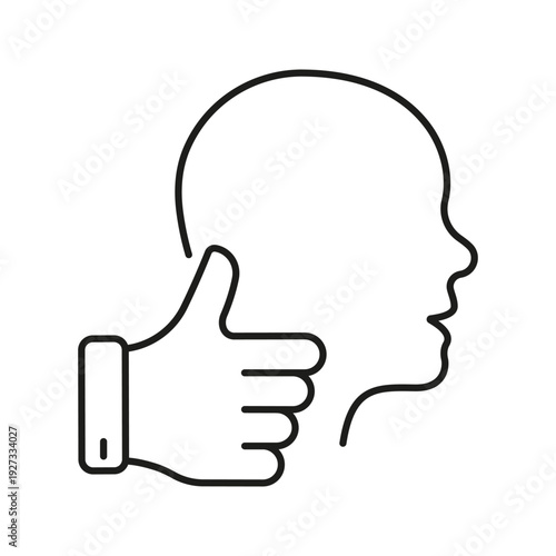 Thumbs Up With Human Head Outline Icon. Approval, Agreement, And Positive Feedback Symbol. Communication And Social Interaction. Editable Stroke. Isolated Vector Illustration