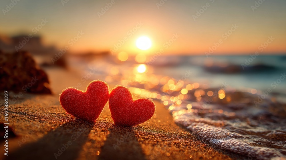 Fototapeta premium Two red hearts on a sandy beach at sunset with gentle waves lapping the shore