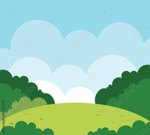 A flat vector landscape shows green rolling hills, bushes, and soft clouds under a blue sky. Minimal cartoon background ideal for nature themes, education, marketing, and digital design.