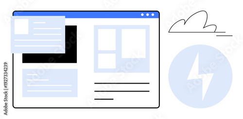 Digital content management, cloud services, web interface, data organization, speed optimization, technology solutions. Web interface mockup with cloud and lightning bolt icon. Digital content