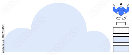 Cloud storage, data management, digital transformation, mindfulness, balance, and technology services. A person meditating on a stack next to a cloud icon. Cloud storage and data management concept