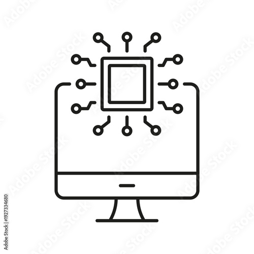 Computer With Microchip Line Icon. Digital Processing, Technology Integration, And Computing Power Outline Symbol. Advanced It Solutions. Editable Stroke. Isolated Vector Illustration