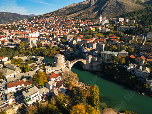 Bridge in Mostar, Bosnia, panorama - 4K aerial drone view	