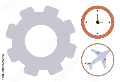 Time management, productivity, travel efficiency, mechanical processes, global logistics, scheduling. Gear, clock and airplane icons in a minimalistic design. Time management and productivity