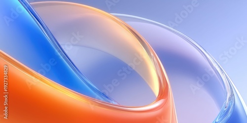 Abstract swirling ribbons of blue and orange glass with soft light and gradients