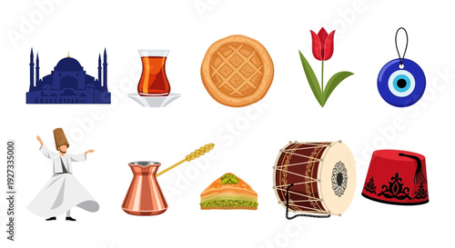 Ten distinct icons representing Turkish culture are arranged in two horizontal rows