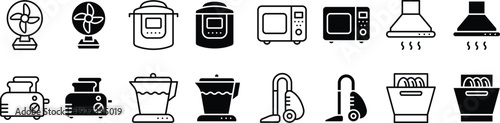 Home Appliance Icon Set—Line and Solid Vector Collection with Fan, Pressure Cooker, Microwave, Range Hood, Toaster, Kettle, Vacuum Cleaner, and Dishwasher.