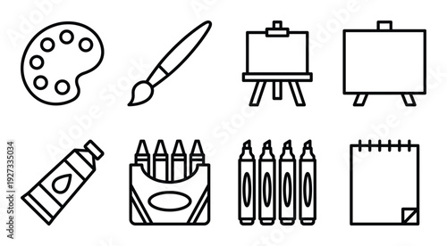 Art and craft tools for painting such as palette, brush, easel, tube of paint, crayons, and notepad