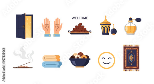 Row of IslamicRamadan related icons door hands dates lantern perfume incense towels sweets smiley rug