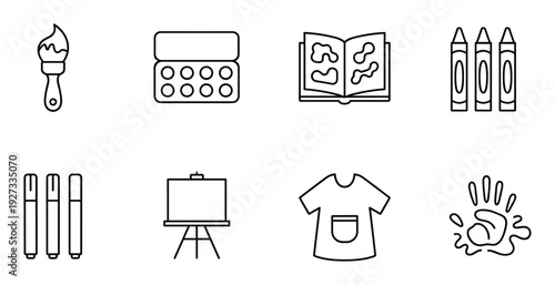 Art supplies and creative painting materials line icons including palette brushes easel and markers
