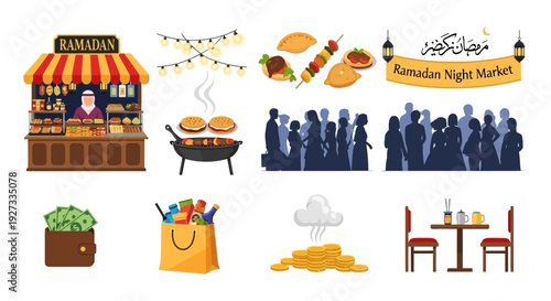 Collection of Ramadan Night Market icons including a food stall grilling crowds and money