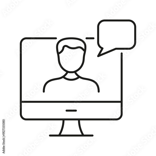Man On Video Call Line Icon. Virtual Meeting And Online Chat Outline Symbol. Remote Work, Communication And Digital Interaction. Editable Stroke. Isolated Vector Illustration