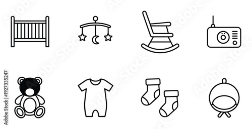 Baby crib to sleep and rest for newborn vector illustration in outline style isolated on white