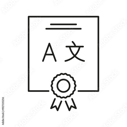 Language Certificate With Ribbon Line Icon. Multilingual Proficiency, Language Skills Certification Outline Symbol. Educational Achievement. Editable Stroke. Isolated Vector Illustration