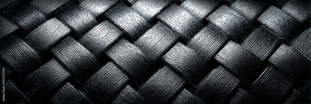 Fototapeta premium Premium Black Woven Leather Texture Background with Elegant Dark Pattern and Sophisticated Interlocking Design for Luxury Branding, Modern Web Design, and Industrial Backdrops
