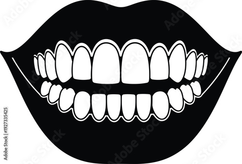 A black and white illustration of smiling lips and teeth