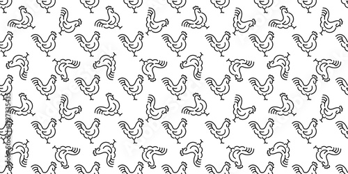 Repeating rooster seamless pattern in outline style. Farm background for food branding, wallpaper, fabric and print design.
