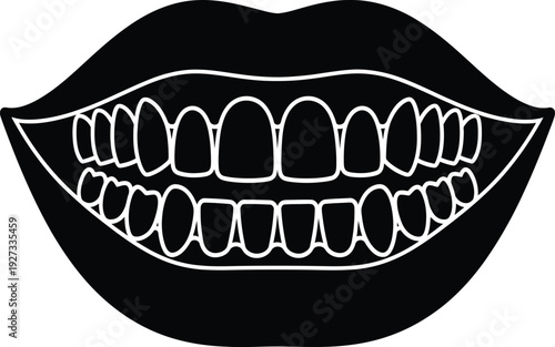 A black and white illustration of smiling lips and teeth on a pure