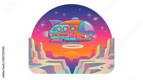 Retro futuristic synthwave spaceship flying over alien planet canyon, 80s outrun star cruiser sci-fi concept vector