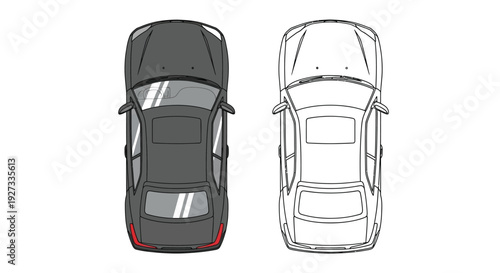 Top down view vector illustration comparing a solid dark gray modern sedan and a matching vehicle outline for design or coloring book purposes