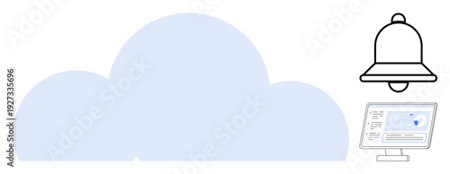 Cloud storage, data management, notifications, online services, software solutions, digital tools. A large cloud, notification bell and computer monitor with a dashboard. Cloud storage and data