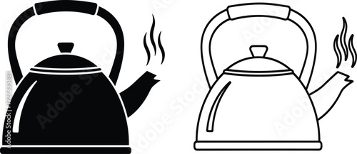 Two black and white kettle icons with steam rising from spouts