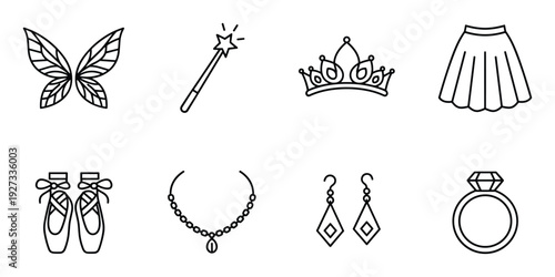 Fairy costume element set with wings, wand, tiara, skirt, slippers, necklace, earrings and ring