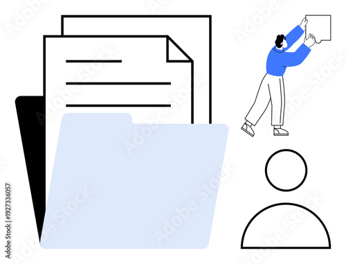 Document management. File folder, documents, and user figure document management processes thumbs up file organization, uploading, and sharing. For business, technology, teamwork and workflow