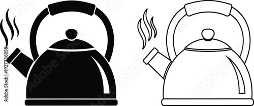 Black and white line art illustration of two kettle icons with steam
